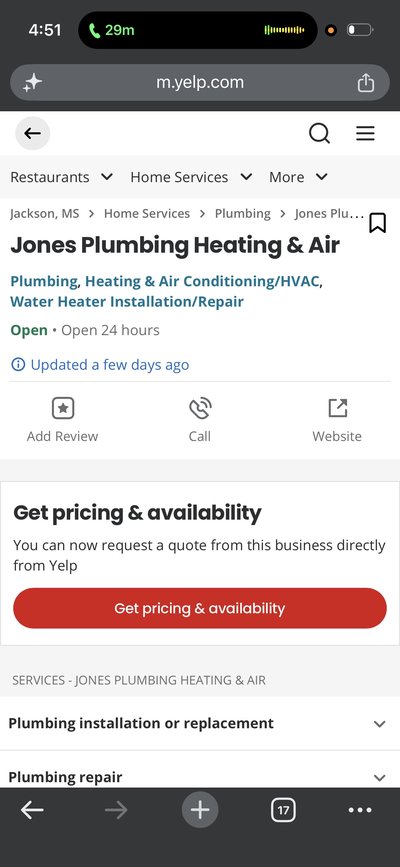 Yelp page for Jones Plumbing